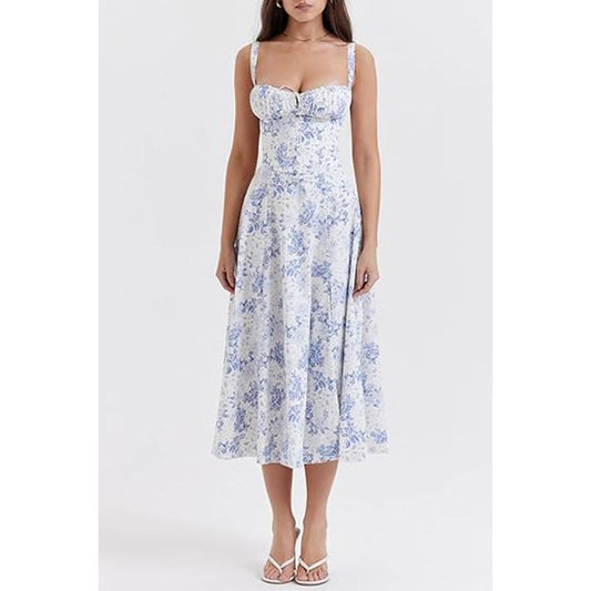 Women'S Floral Print Tie-Up Sleeveless Slit Thigh Dress, Casual Fashion Off-The-Shoulder A-Line Milkmaid Dress, Suitable for Spring and Summer, Beach Vacation