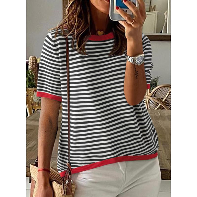 Dokotoo Womens Tops Casual Summer Crewneck Short Sleeve Striped Color Block Knit High Low Trendy Pullover Sweaters