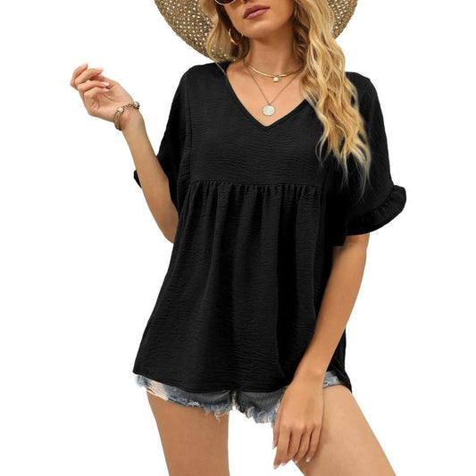 WIHOLL Womens Tops Casual V Neck Ruffle Sleeve T Shirts Babydoll Loose Fit Peplum Tops