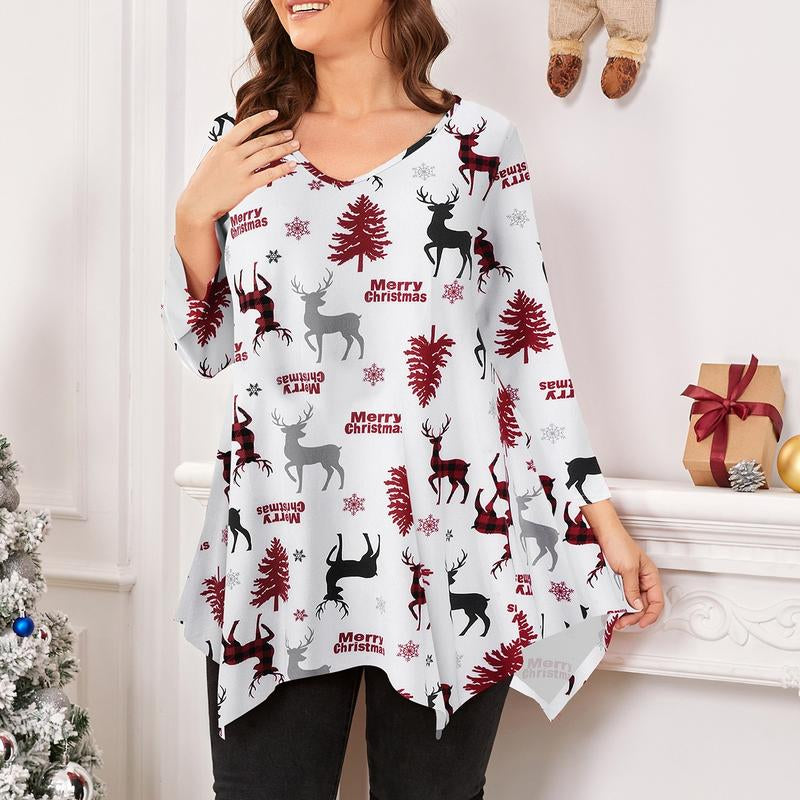 LARACE plus Size Tops for Women 3/4 Sleeve Christmas Crewneck Blouses Shirts Tunic Womenswear Asymmetrical Plussize Basic Top Dress Flowy Fabric Fit Christmas Clothes Blouse Women Tops Basic Minimalist Christmas T-Shirts Comfortable Tops Outfits Suits