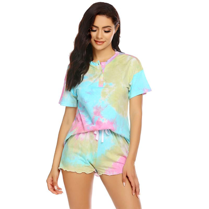 Ekouaer Tie Dye Pajamas Set Womens Loungewear Sleepwear 2 Piece PJ Sets Soft Womenswear Elastic Chic Comfy Casual Crewneck Fits Short Sleeve Jersey Light Drawstring Anniversary Bridal Dress Ladies Party Suit