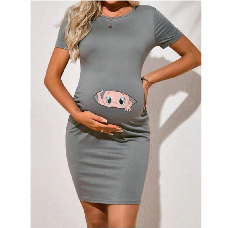 Funny Baby & Letter Print Bodycon Women'S Footprint Short Sleeve Maternity Dress Rucheed Pregnancy Clothes Cute Cartoon