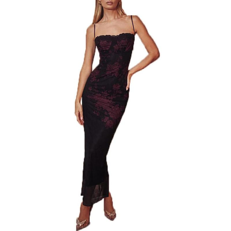 Womens Dress Dresses for Women Midi Dress Maxi Dress Mini Dress Women Vintage Spaghetti Strap Maxi Dress Sexy Low Cut Backless Floral Satin Slip Long Dress Y2K Cami Bodycon Dresses