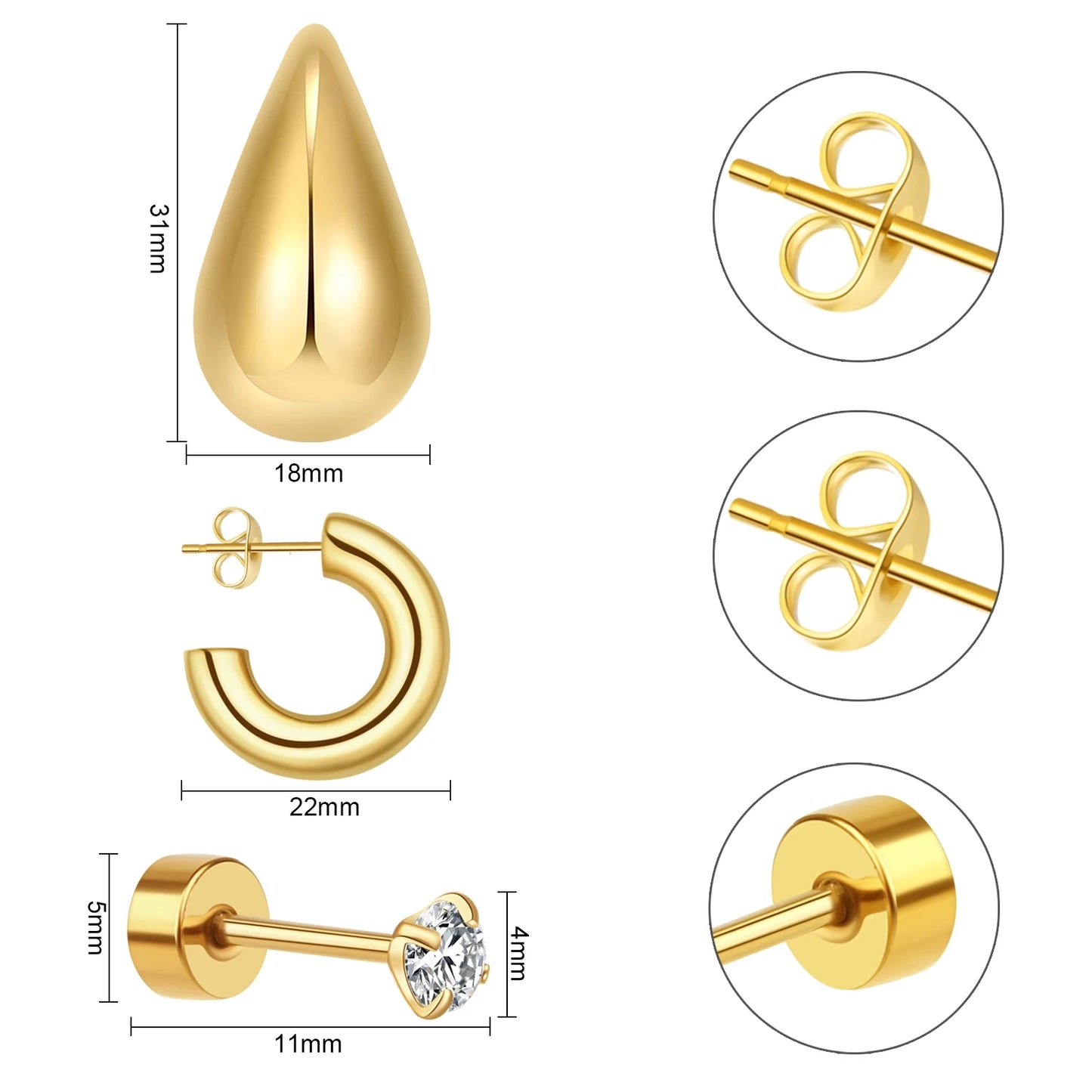 3 Pairs Gold Earrings Set,  14K Gold Plated Multipack Huggie Hoop Earrings for Women