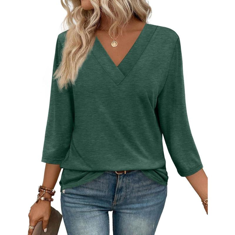 WIHOLL 3/4 Length Sleeve Womens Tops V Neck Casual Tunic Tops Basic Shirts Loose Fit Blouse