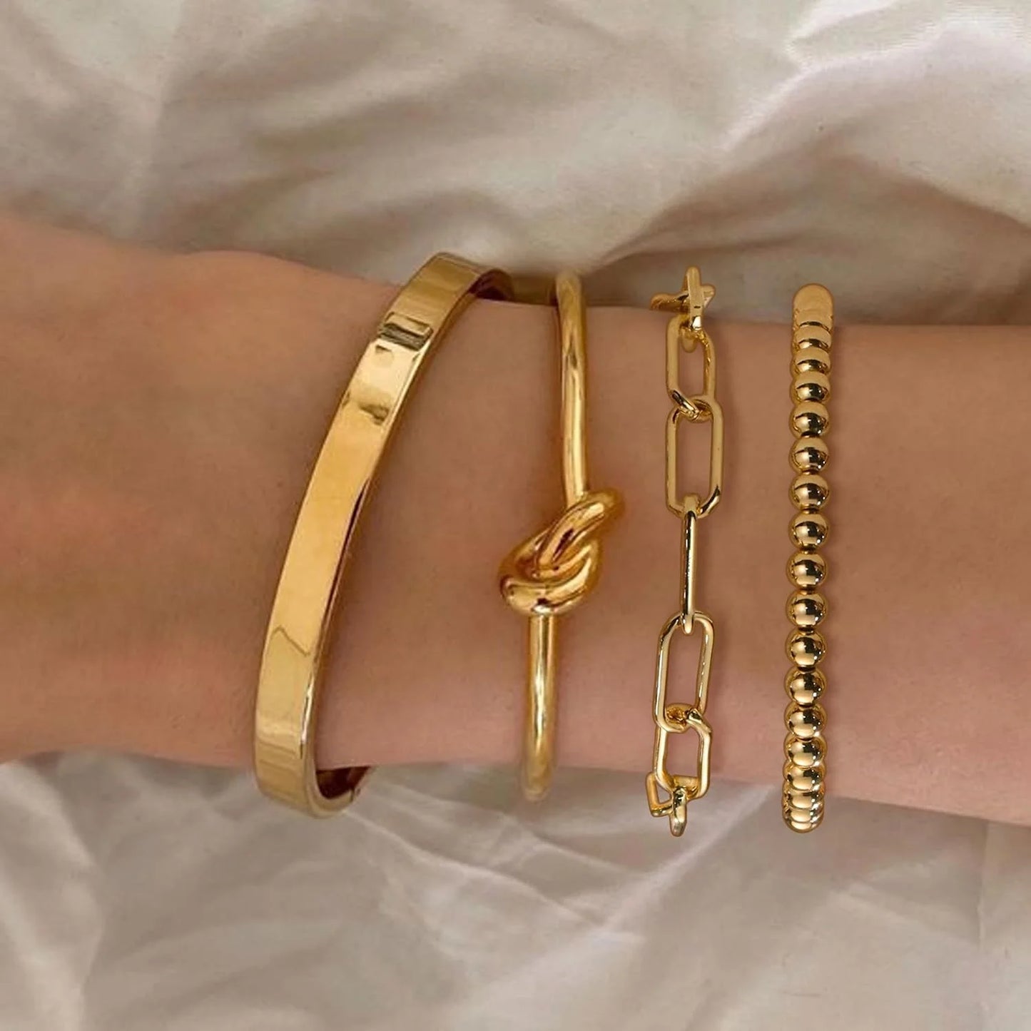 Gold Bracelets for Women Stack 14K Gold Plated Bangle Cuff Bracelet Set for Women Non Tarnish Gold Beaded Paperclip Link Chain Bracelets Jewelry for Women Girls Trendy