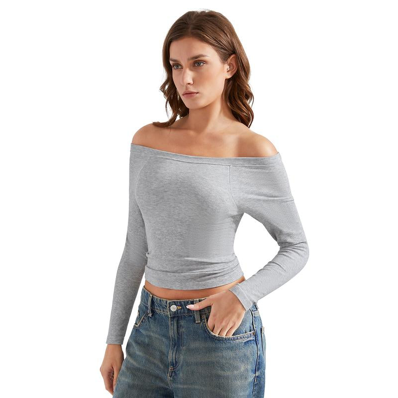 OMKAGI Women Long Sleeve Tops Boat Neck off Shoulder Going Out Y2K Tops T-Shirts