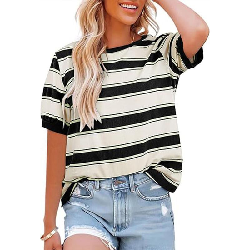 Womens Summer Tops Striped Color Block Short Sleeve T-Shirts Crewneck Casual Loose Basic Tee Blouses Outdoor Day Shirts Women