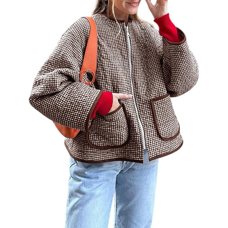 LAICIGO Womens Fall Winter Warm Jackets Fashion Crew Neck Quilted Plaid Jacket Full Zipper Coats