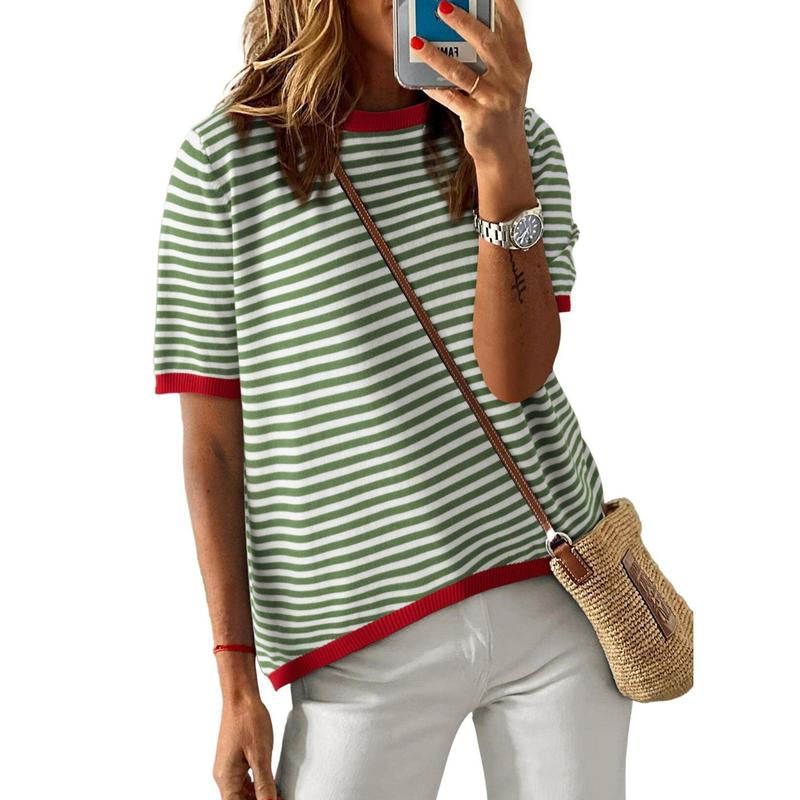 Dokotoo Womens Tops Casual Summer Crewneck Short Sleeve Striped Color Block Knit High Low Trendy Pullover Sweaters