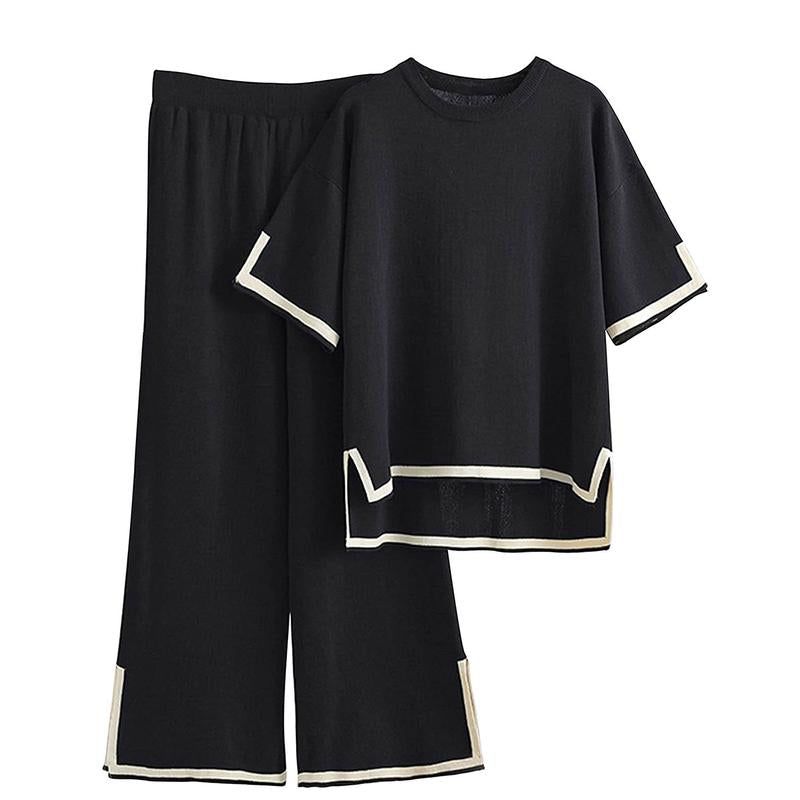Naeduo Sweater Sets Women 2 Piece Lounge Sets Short Sleeve Knit Pullover Tops Wide Leg Pants