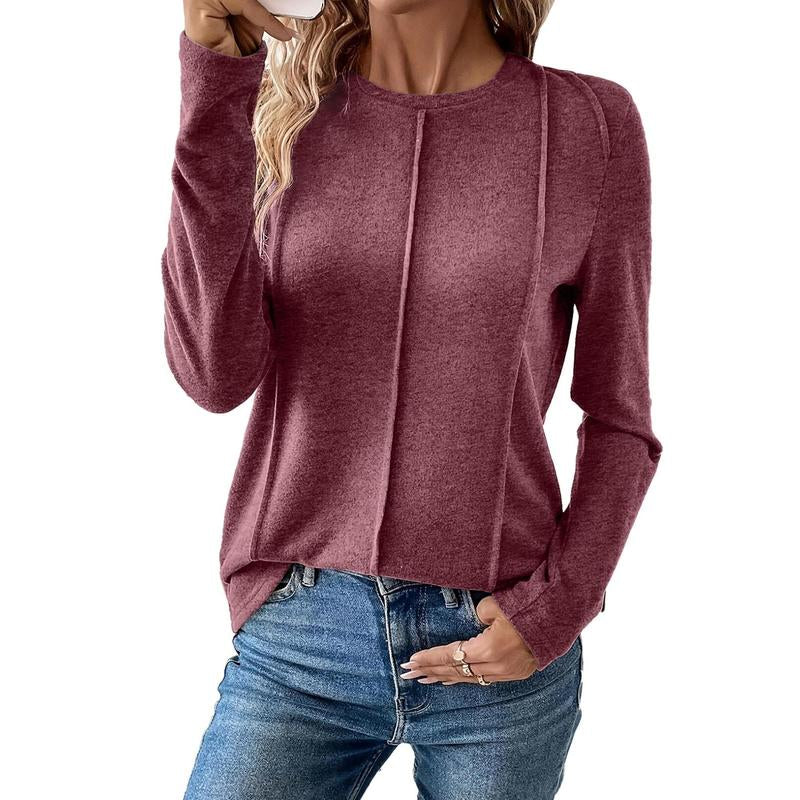 EVALESS Women'S Plain Long Sleeve Pleated Shirts Tops,Crewneck Knit Solid Loose Comfort Casual Blouses,Trendy for Spring & Fall,Ladies Clothes for Daily Wear,2025 Womenswear Outfits