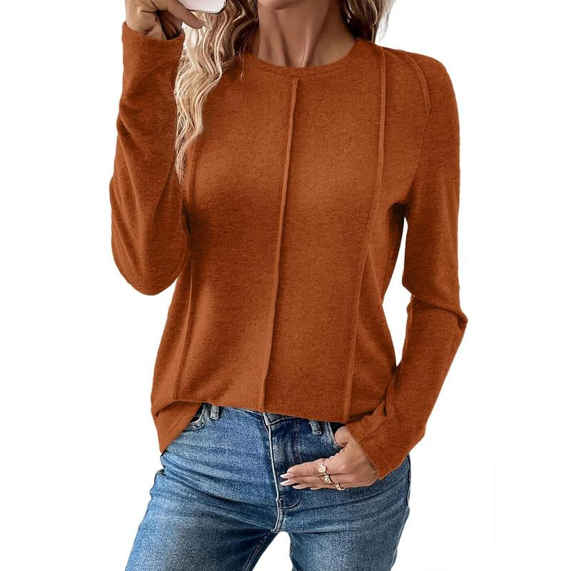 EVALESS Women'S Plain Long Sleeve Pleated Shirts Tops,Crewneck Knit Solid Loose Comfort Casual Blouses,Trendy for Spring & Fall,Ladies Clothes for Daily Wear,2025 Womenswear Outfits