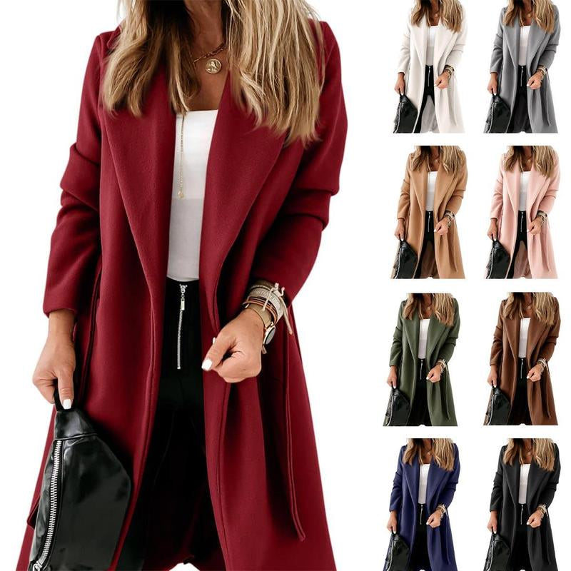 Imily Bela Womens Classic Coat Lapel Collar Open Front Belted Long Jacket M9S050