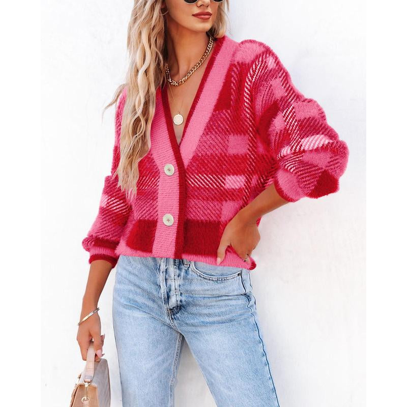 Womens Cardigan Sweaters Plaid Fuzzy Knit V Neck Button down Long Sleeve Cozy Cardigans Pullover Tops