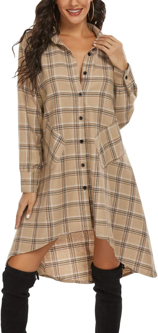 Womens Plaids V Neck Long Sleeve Irregular Hem Casual Shirt Dress