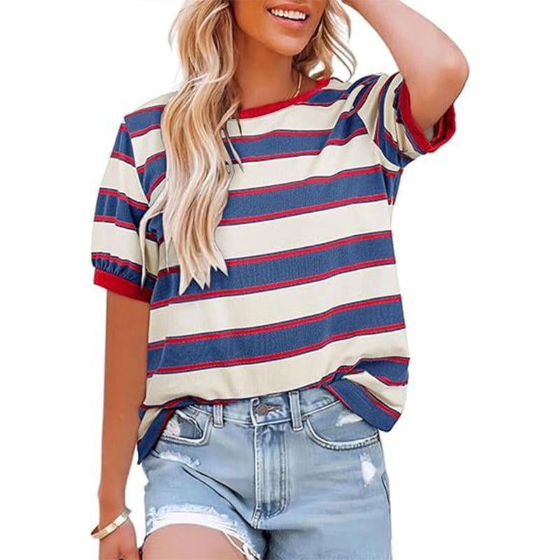 Womens Summer Tops Striped Color Block Short Sleeve T-Shirts Crewneck Casual Loose Basic Tee Blouses Outdoor Day Shirts Women