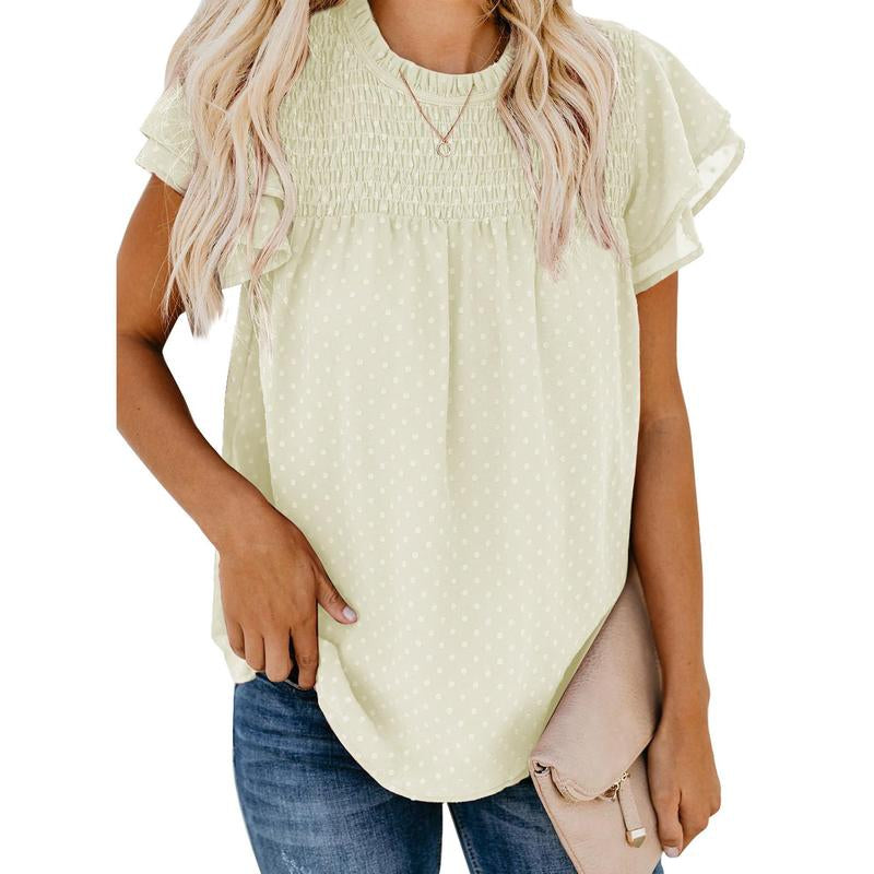 Dokotoo Womens Crewneck Lace Crochet Pom Pom Flowy Short Sleeve Casual Shirts Blouses Tops Summer Fit Denim Fashion Women'S Summer Outfits