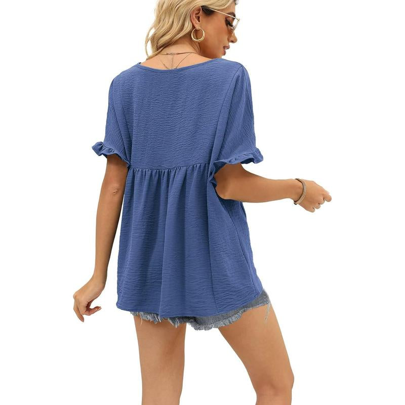 WIHOLL Womens Tops Casual V Neck Ruffle Sleeve T Shirts Babydoll Loose Fit Peplum Tops