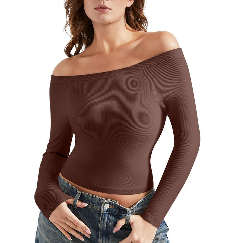 OMKAGI Women Long Sleeve Tops Boat Neck off Shoulder Going Out Y2K Tops T-Shirts