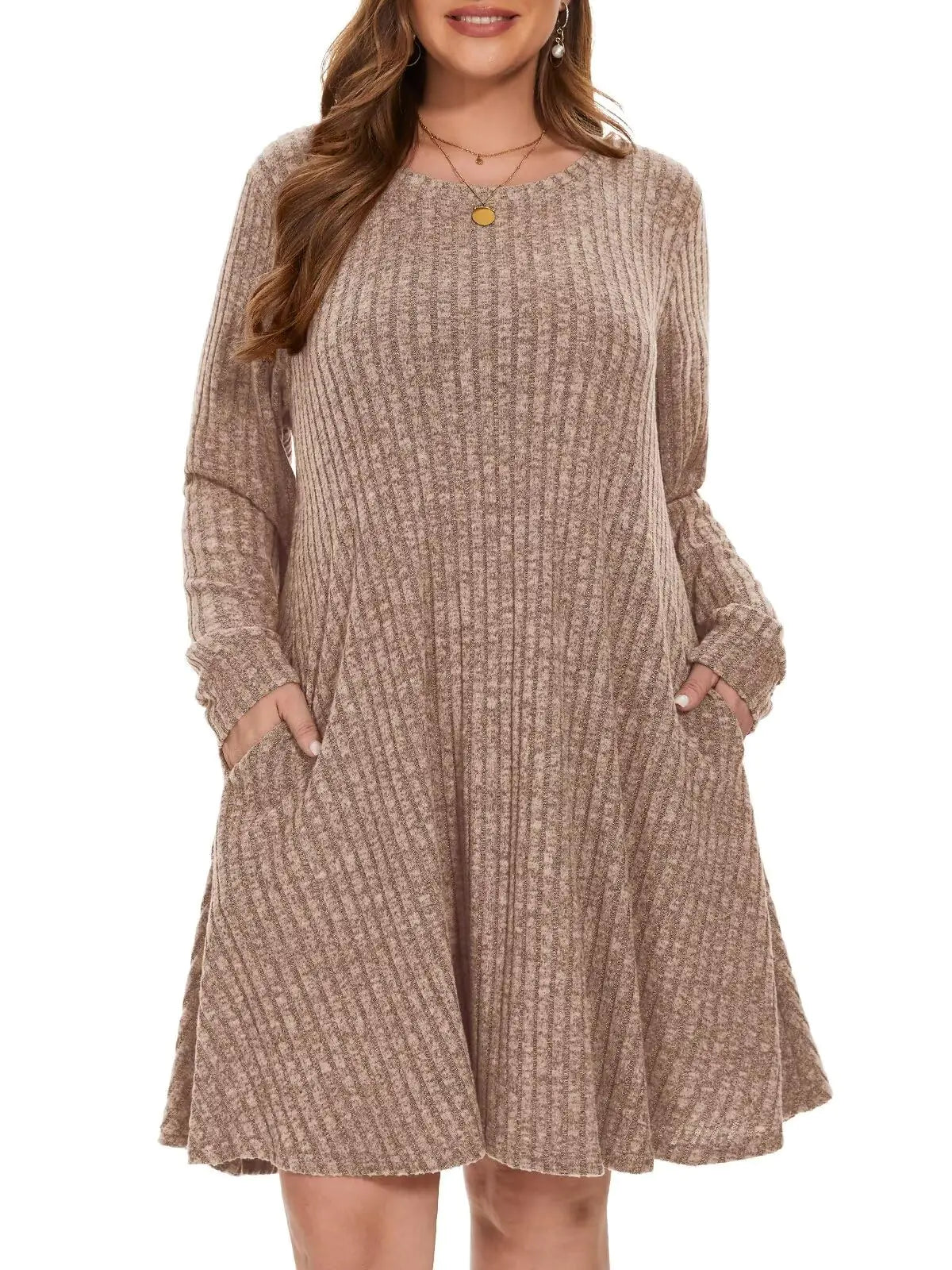 BELAROI Plus Size Sweater Dress Plus Size Dresses for Curvy Women Crew Neck Long Sleeve Casual Fall Winter Tunic Dress Pockets (3X Khaki)