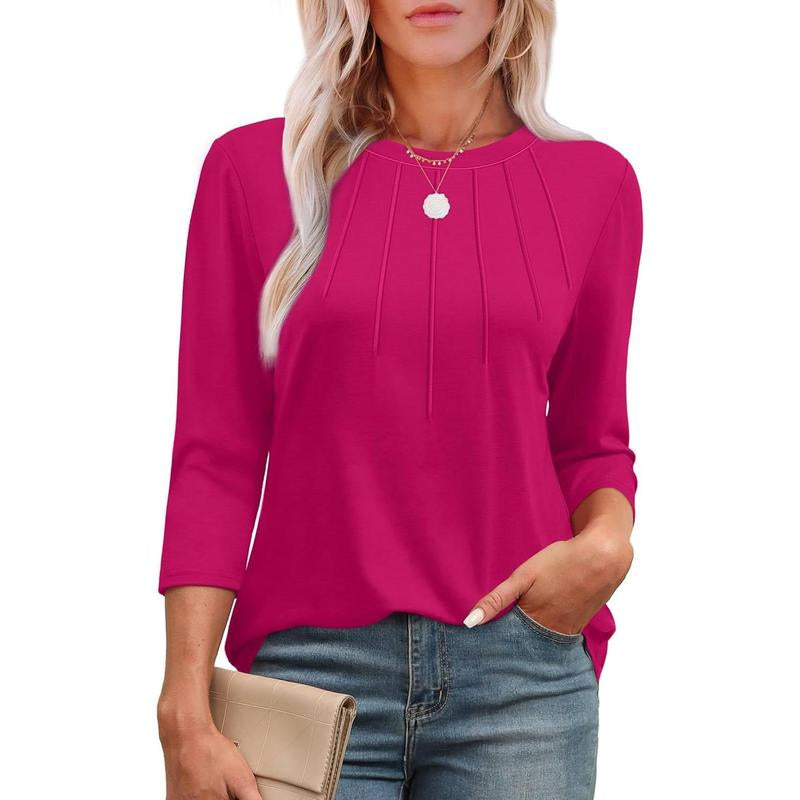 WIHOLL 3/4 Length Sleeve Womens Tops round Neck Casual Tunic Tops Basic Pleated Shirts Loose Fit 2024