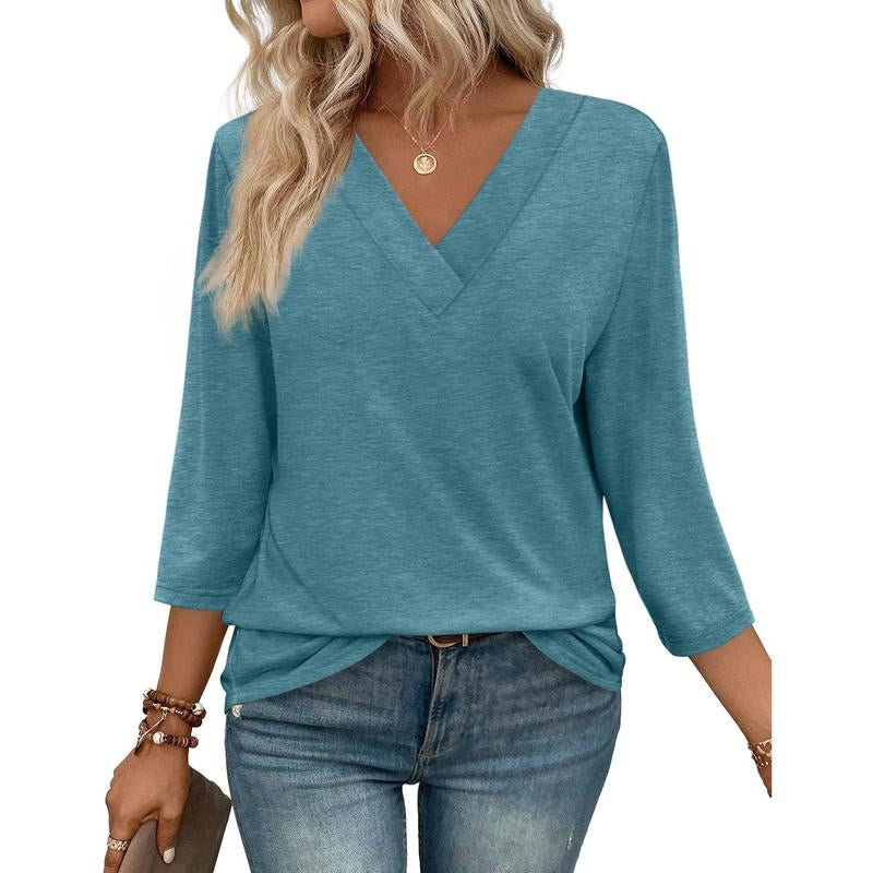 WIHOLL 3/4 Length Sleeve Womens Tops V Neck Casual Tunic Tops Basic Shirts Loose Fit Blouse