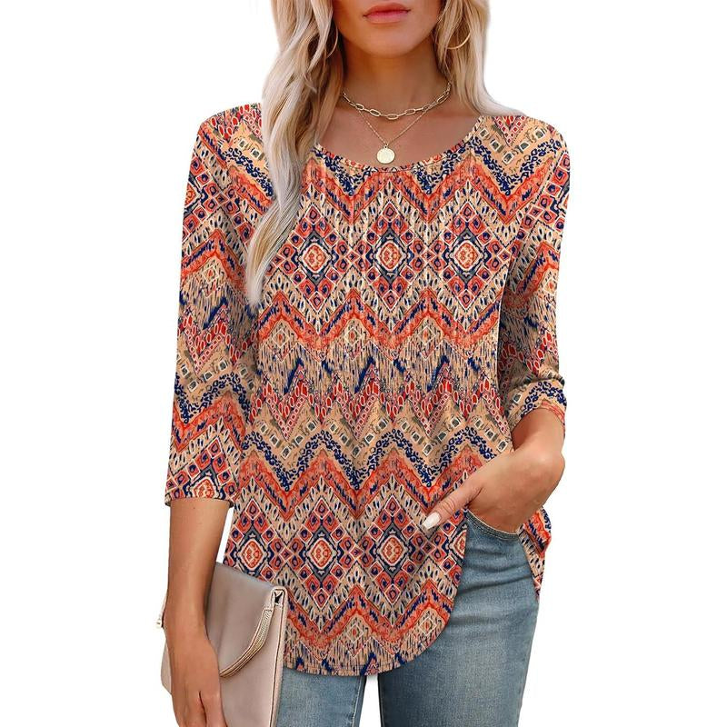 WIHOLL 3/4 Length Sleeve Womens Tops 2025 Crewneck Casual Pleated Tunic Tops Loose Fit Shirts Blouses Curved Hem