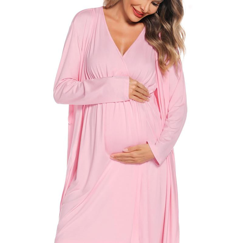 SWOMOG Women Maternity Nursing Gown and Robe Set 3 in 1 Soft Modal Fabric Nursing Gown for Hospital Bathrobe Pregnancy Postpartum Outfits Pregnant