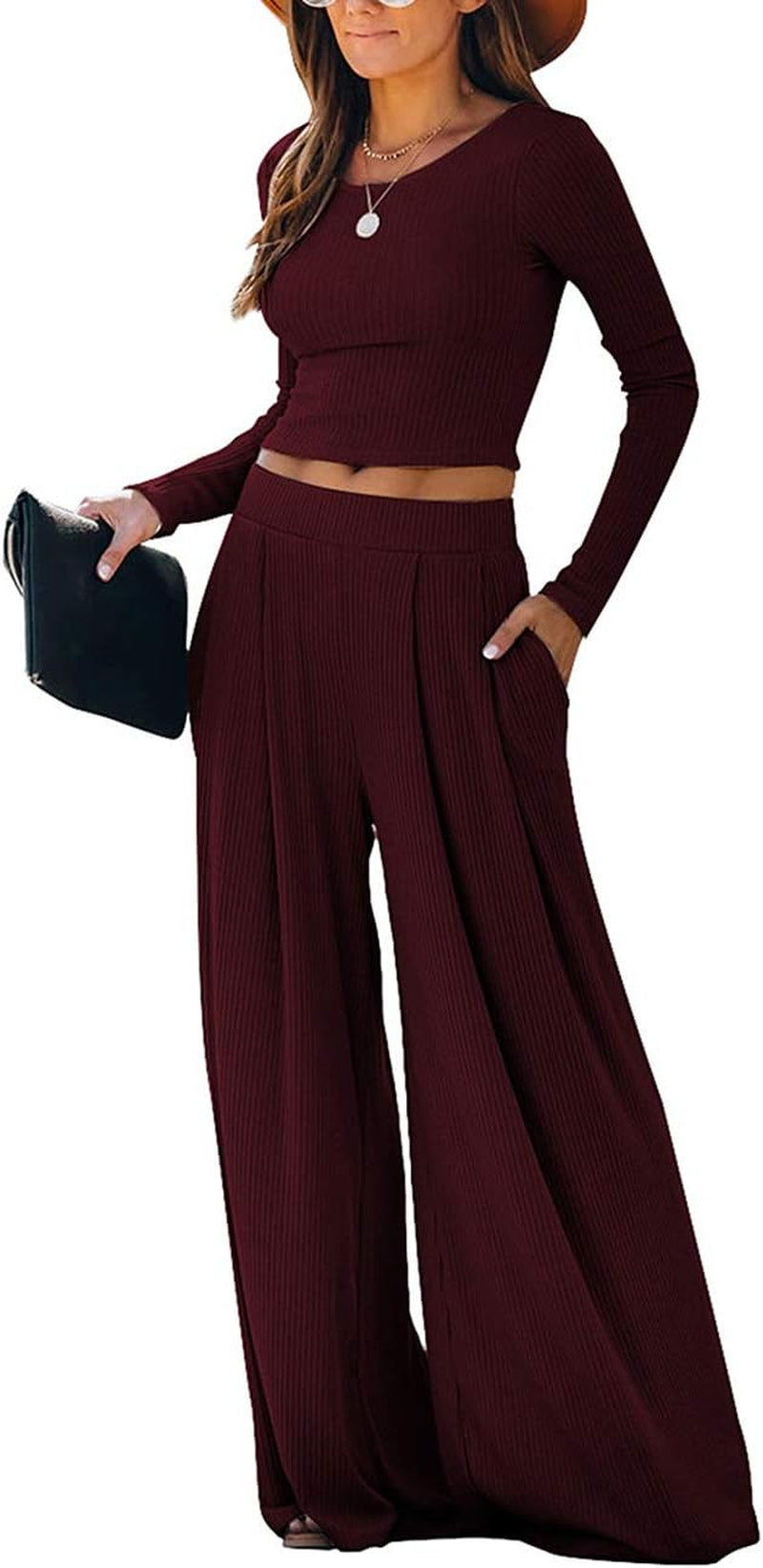 Wide Leg Pant Suits for Women Elegant 2 Piece Solid Outfits Long Sleeve Crop Top High Waist Long Pants with Pockets