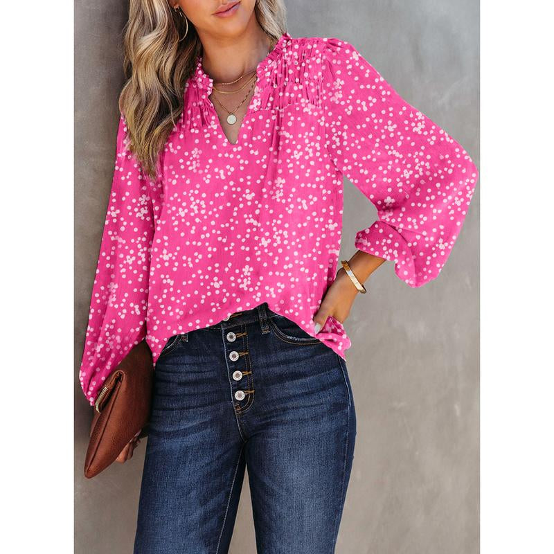 Dokotoo Women'S Casual V Neck Alicia Floral Print Smocked Long Sleeve Chiffon Blouses Bohemian Top Shirts