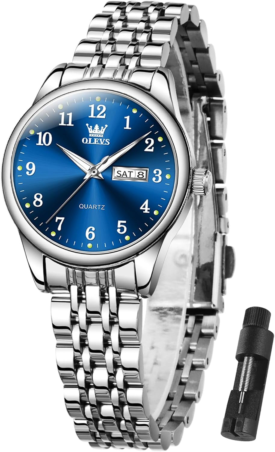 Women Watches Date and Day,Ladies Watches with Silver Gold Stainless Steel,Elegent Female for Small Wrist Watch(White/Black/Blue/Gold Face)