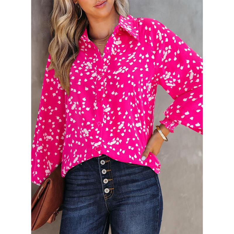 Dokotoo Women'S Casual V Neck Allover Floral Print Long Sleeve Chiffon Button down Blouses Bohemian Top Shirts Elegant Chic