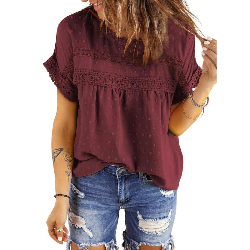 Dokotoo Womens Summer Tops Crewneck Lace Crochet Short Sleeve Shirts Casual Chiffon Blouses