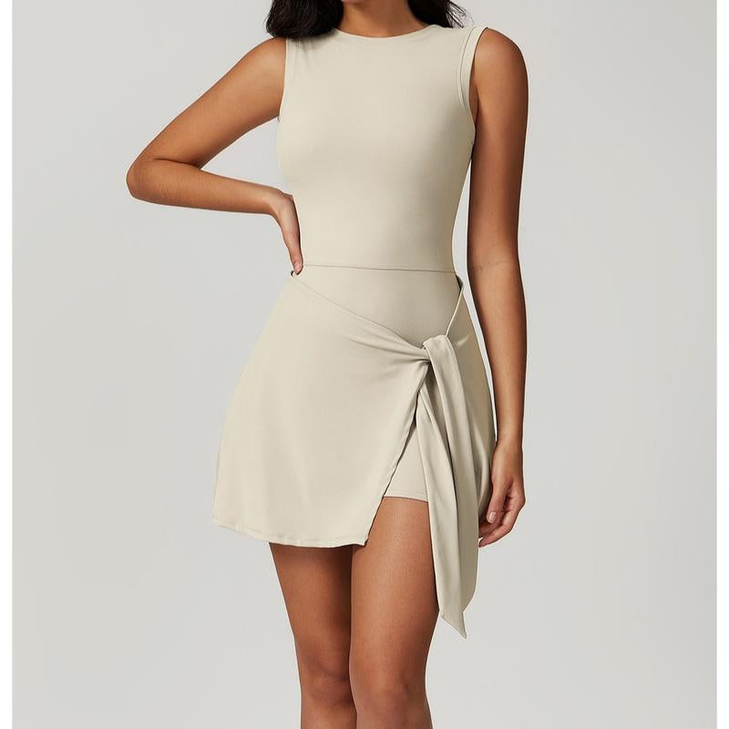 Women'S Tennis Dress with Built-In Shorts, Ruffle Side Slit and Tie Front Design - Sleeveless Athletic Dress for Summer Workouts Exercise Sport