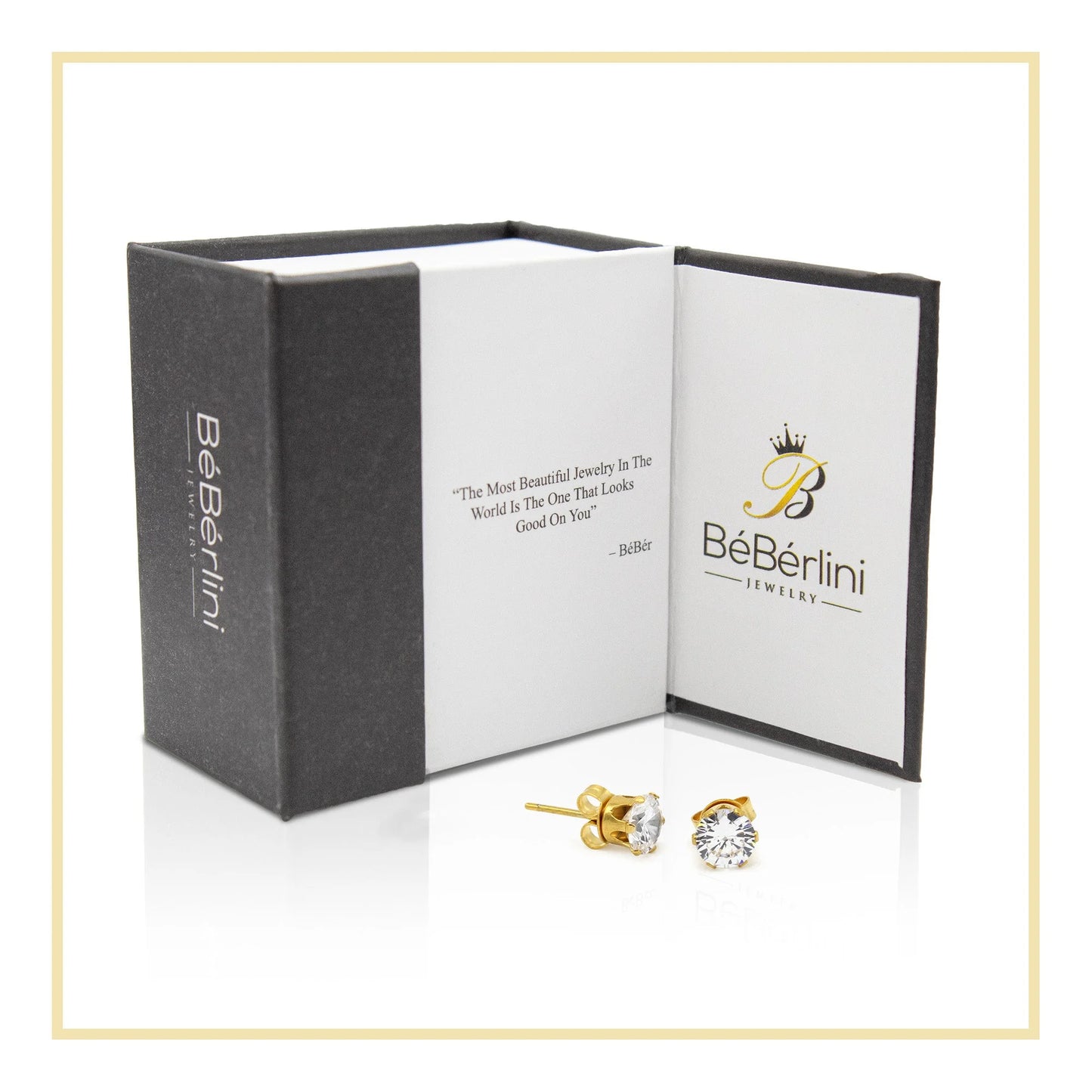Men Stud Earrings CZ 14K Gold Plated Stainless Steel Jewelry round 6 Mm