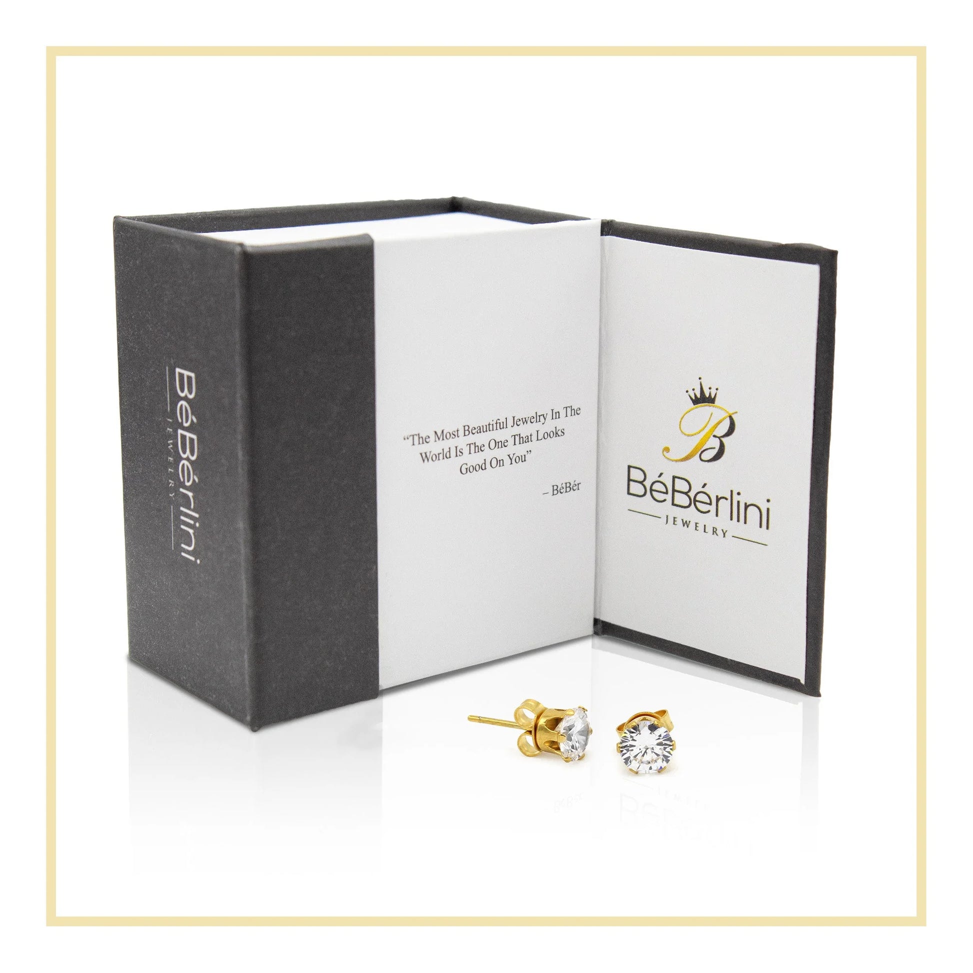 Men Stud Earrings CZ 14K Gold Plated Stainless Steel Jewelry round 6 Mm