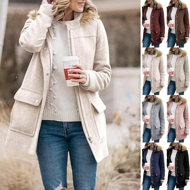 Goranbon Womens Coats Fall Winter Mid Length Thick Warm Pea Coat Elegant Faux Wool Coat with Detachable Hat Jacket Outerwear
