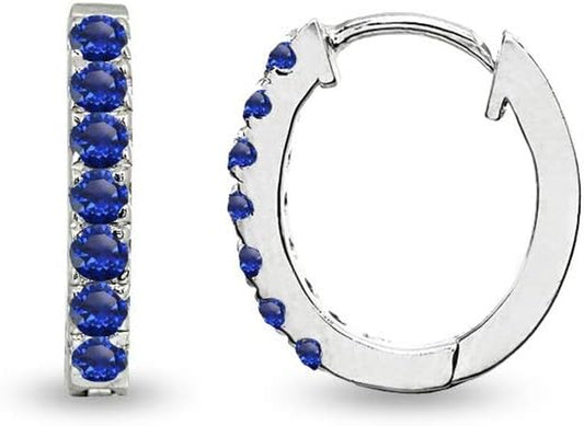 Sterling Silver Tiny Small 15Mm Prong-Set Genuine or Synthetic Gemstone Oval Huggie Hoop Earrings