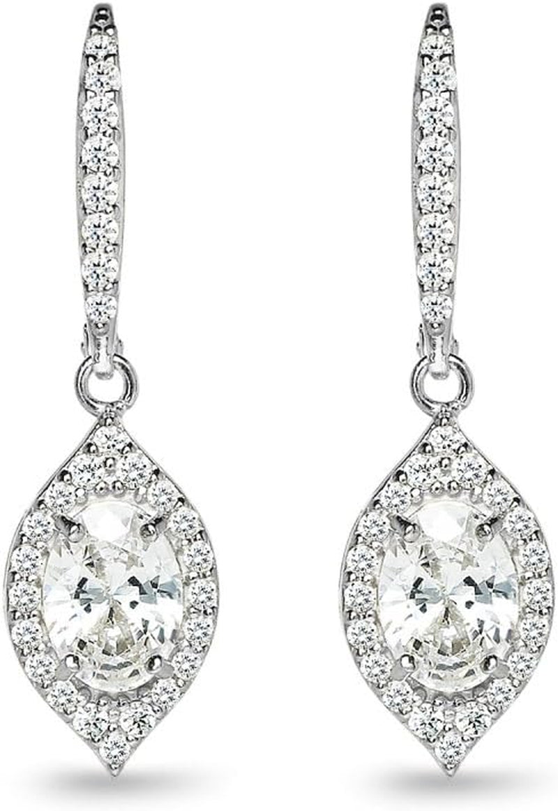 Sterling Silver Oval Dangle Leverback Earrings Made with AAA Cubic Zirconia