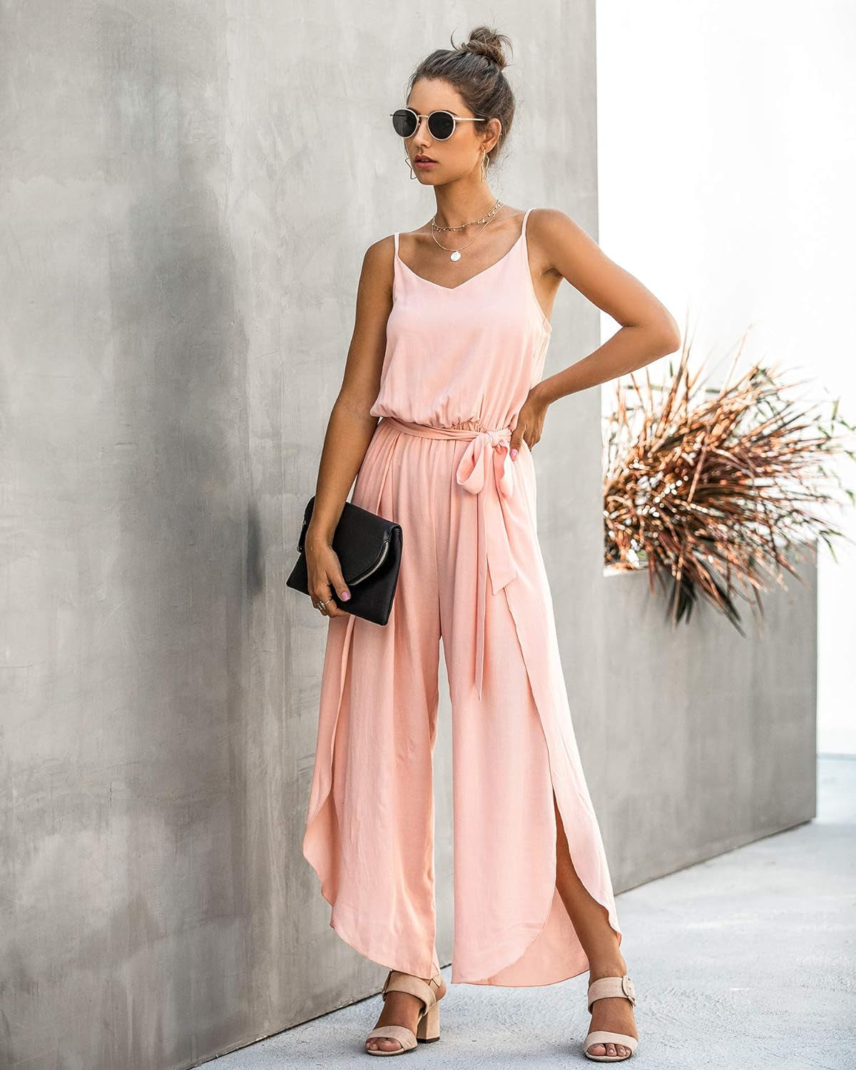 Womens Jumpsuit Spaghetti Strap Wide Leg Split Jumpsuits Long Overalls Summer Beach Loose Fit Rompers with Belt Navy Blue Large