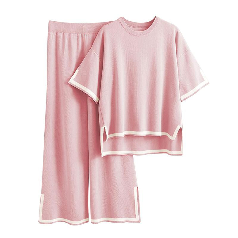 Naeduo Sweater Sets Women 2 Piece Lounge Sets Short Sleeve Knit Pullover Tops Wide Leg Pants