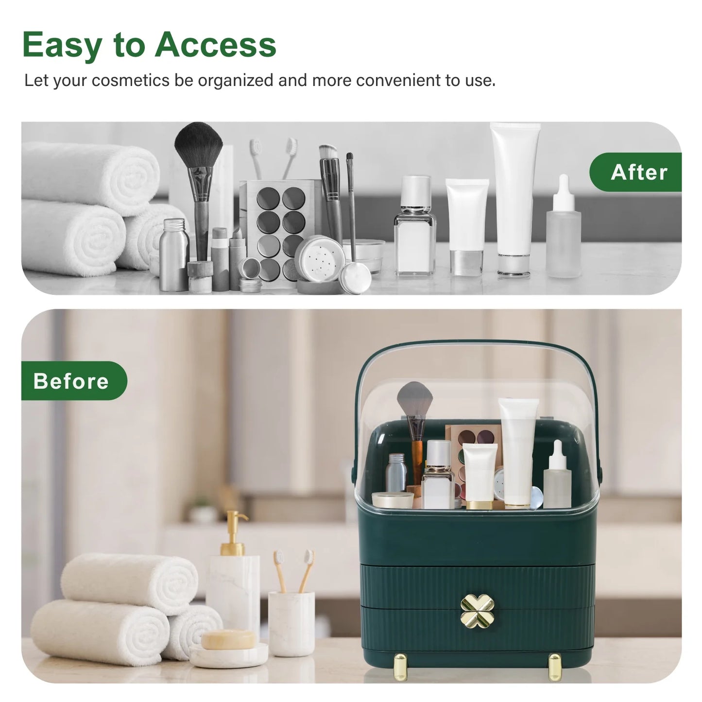 Makeup Organizer Cosmetics Storage with Fully Open Lid, Green, Countertop Cosmetics Display Case, Dresser, Ideal Gift for Women (Dark Green), 10.23*7.08*14.17In
