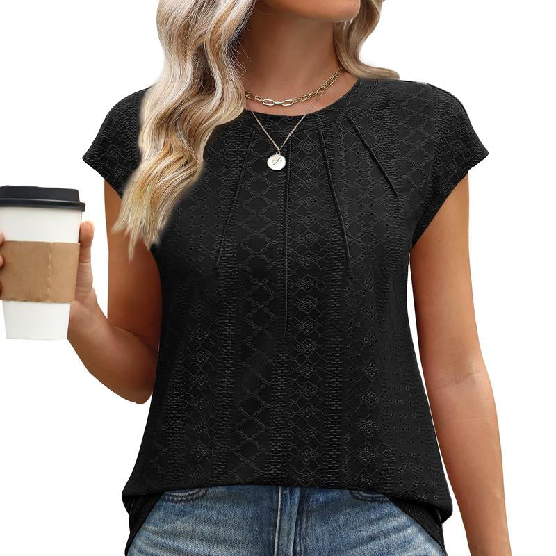 WIHOLL Womens Tops Short Sleeve Shirts Blouses for Women Dressy Casual Cap Sleeve Tops with Curved Hem
