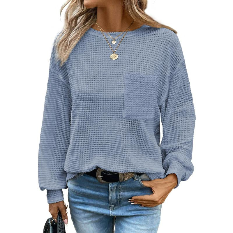 Dokotoo Womens Tops 2025 Oversized Long Sleeve Crewneck Waffle Knit Shirts Business Casual Blouses Basic Shirts Clothes Elegant