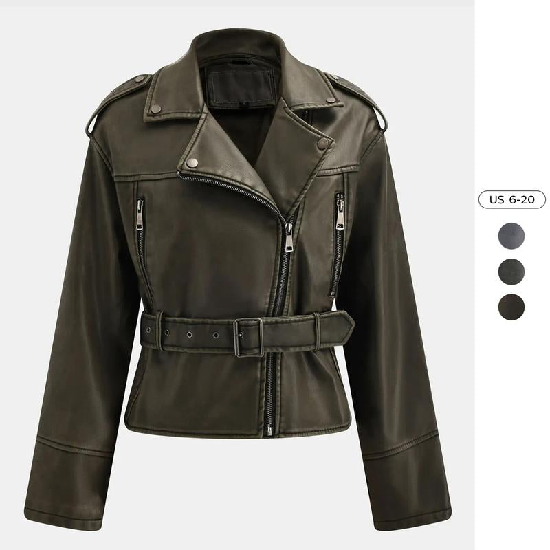 Katchme Womenswear Epaulets Zipper Belt Decor PU Biker Jacket Coats,Outerwear Jacket,Ladies Biker Zipper Pocket Clothes Womenswear