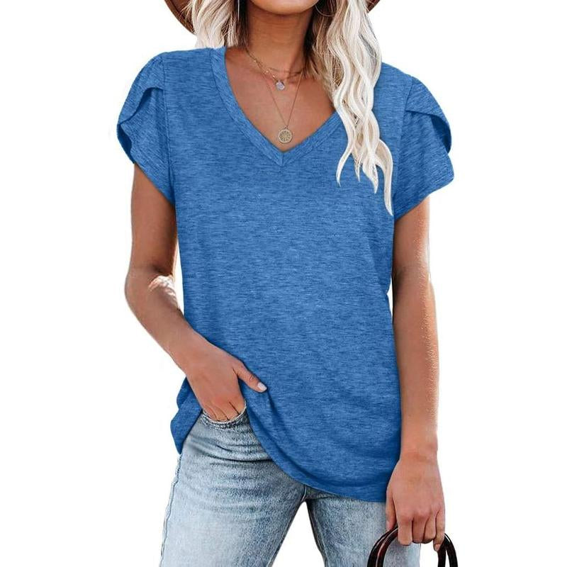 WIHOLL Womens Tops V Neck Summer Petal Sleeve Casual Tshirts