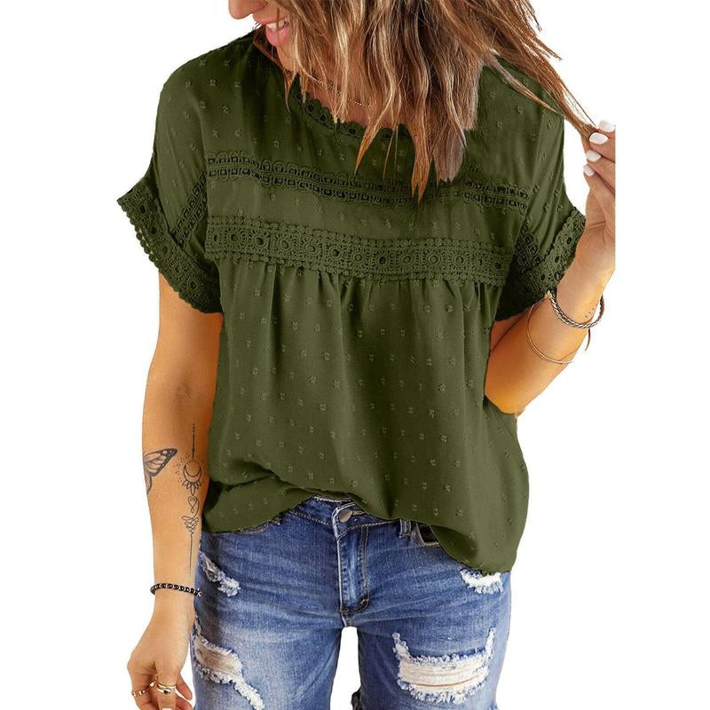 Dokotoo Womens Summer Tops Crewneck Lace Crochet Short Sleeve Shirts Casual Chiffon Blouses