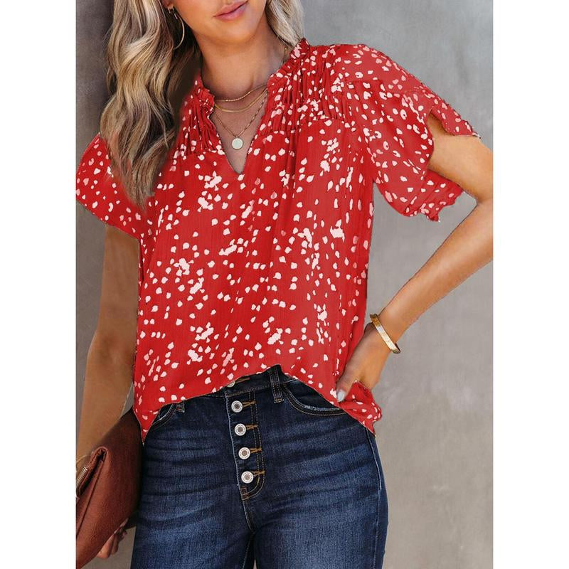Dokotoo Women'S Casual V Neck Alicia Floral Print Smocked Short Sleeve Chiffon Blouses Bohemian Top Shirts