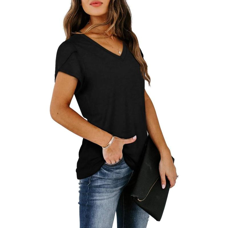 WIHOLL Womens Tops V Neck Summer Petal Sleeve Casual Tshirts